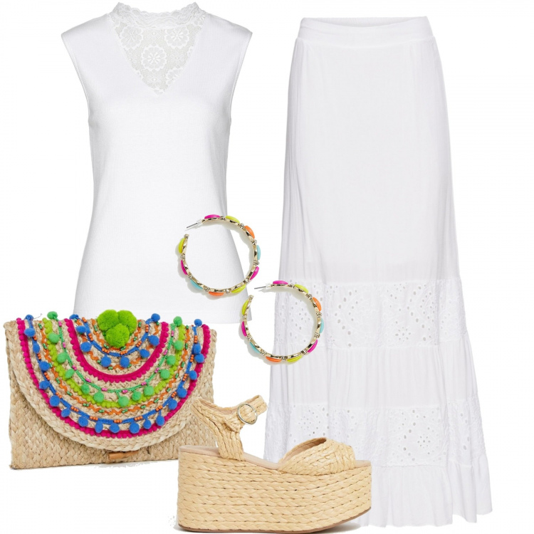 Outfit donna - Romanticamente etnico. Stile Etnico per Serata fuori. Abbinamento con gonna lunga con pizzo bianco, top con pizzo, espadrillas flatform in rafia, borsa a tracolla, orecchini multicolore.