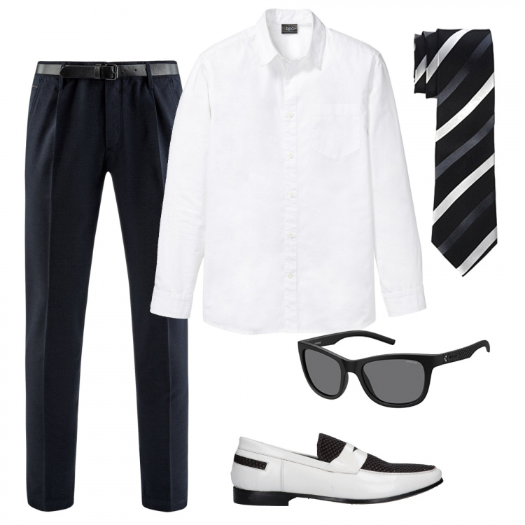 Outfit uomo - >giusta eleganza. Stile Business/Elegante per Ufficio. Abbinamento con camicia a maniche lunghe bianco, mocassini fantasia con punta tonda in pelle sintetica, occhiali da sole nero, pantalone, cravatte.