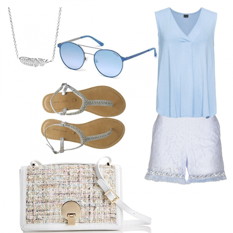 Outfit donna - Basic, per total look fresco. Stile Basic per Tutti i giorni. Abbinamento con top, shorts con pizzo contrasto vita alta con zip interno foderato tinta unita, sandali open toe argento, borse a spalla, occhiali da sole, catena argento.