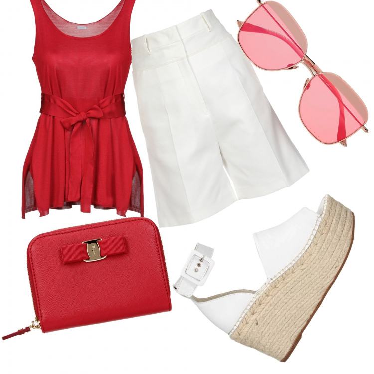 Outfit donna - Bianco rosso e corda. Stile Trendy per Tutti i giorni. Abbinamento con pantalone, occhiali da sole, portadocumenti rosso, scarpe.