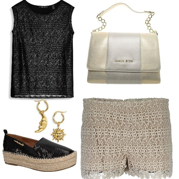 Outfit donna - Corda e pizzo. Stile Trendy per Tutti i giorni. look ideale per Petite. Abbinamento con mocassini, shorts, borsa a spalla, vestaglia a maniche corte nero, orecchini oro e rosa.