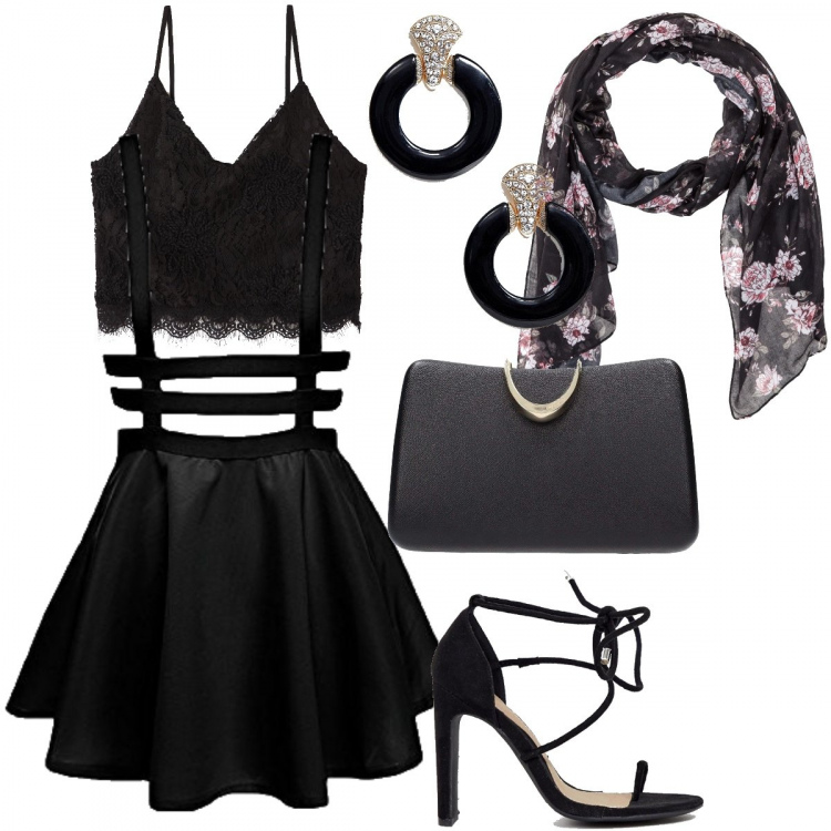 Outfit donna - Disco. Stile Sexy per Serata fuori. Abbinamento con reggiseni, top con pizzo collo a v crop nero, shopping bag nero, gonna forma svasata con zip nero, sandali con cinturino, orecchini petite con anello farfalla oro.