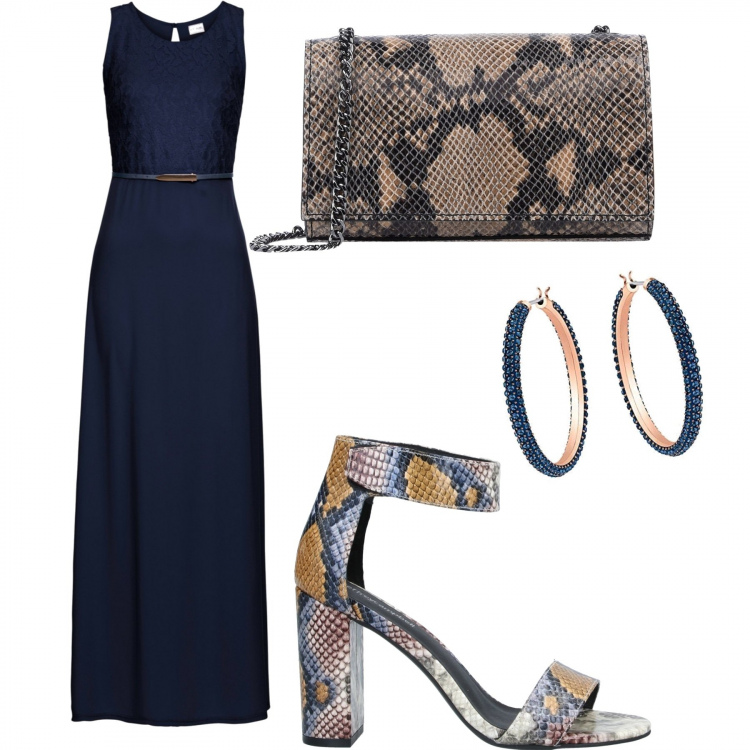 Outfit donna - Chic #10242. Stile Chic per Serata fuori. Abbinamento con vestiti lunghi, sandali, borsa a mano mini con stampa, orecchini in oro rosa blu.