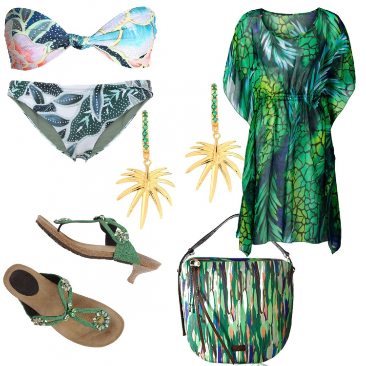 Outfit donna - Non solo al mare. Stile Trendy per Mare. Abbinamento con vestiti da spiaggia, infradito, bikini, costume, orecchini, borse a spalla.