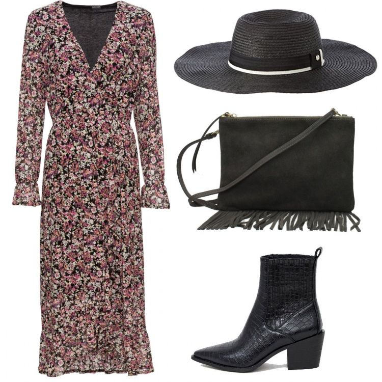 Outfit donna - Selvaggio West. Stile Etnico per Tutti i giorni. Abbinamento con vestiti lunghi, borse a spalla, stivali nero, cappelli.