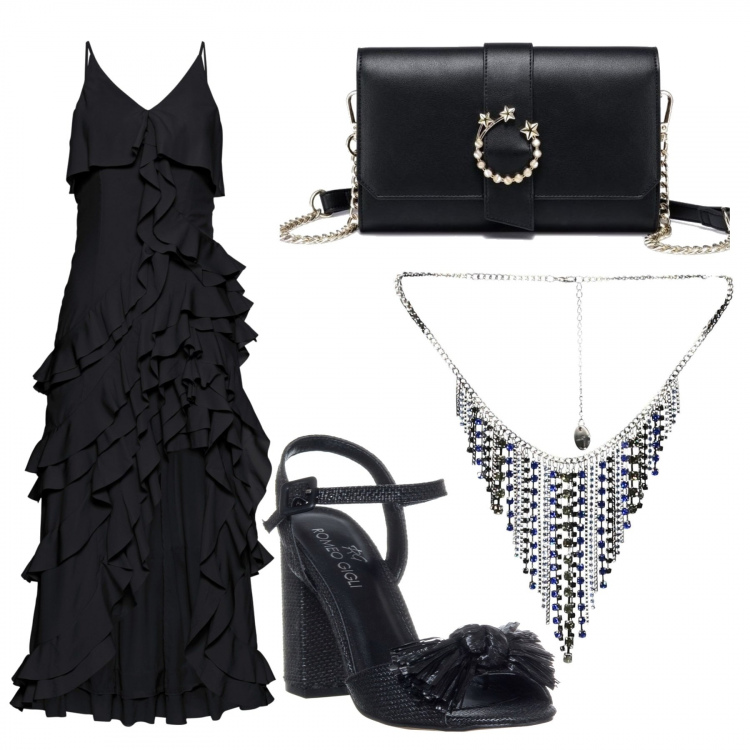 Outfit donna - DG woman e curvystyle. Stile Sexy per Serata fuori. Abbinamento con bluse, borsetta nero, collana, sandali con cinturino e punta tonda nero.