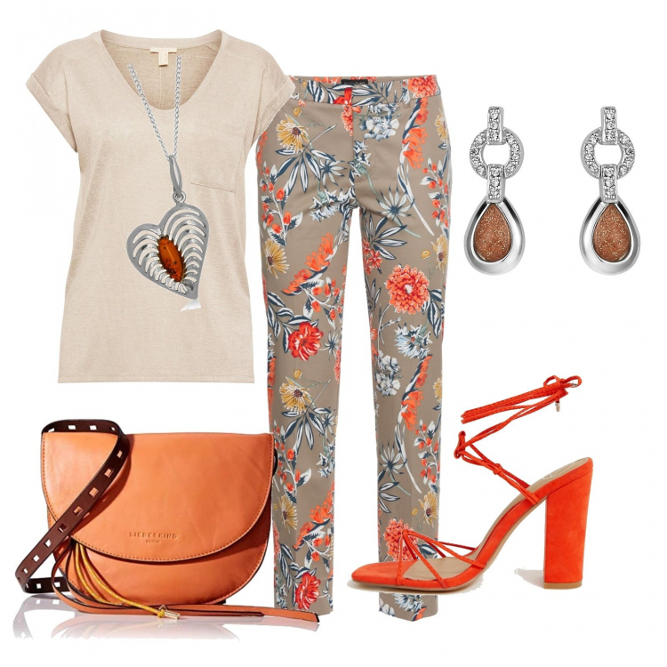 Outfit donna - A cuor leggero. Stile Trendy per Ufficio. Abbinamento con pantaloni, vestaglia verde e kaki, collana in sterling 925 argento, sandali con nodi e tacco largo collo aperto, clutch, collana.