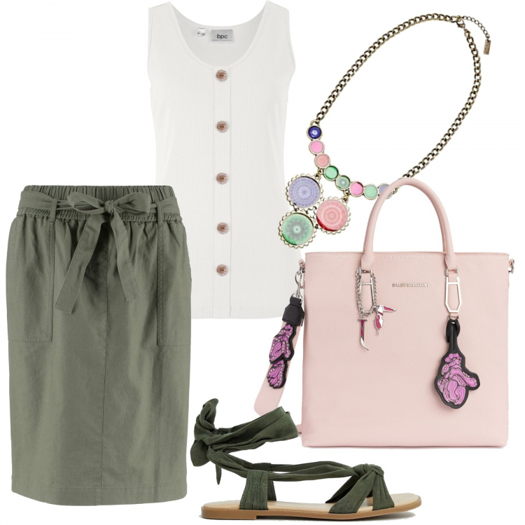 Outfit donna - Colori di moda. Stile Basic per Tutti i giorni. Abbinamento con top a coste bianco, gonna con cintura verde, sandali collo aperto con laccetti suola piatta verde, pochette con zip e tracolla regolabile rosa, collane.
