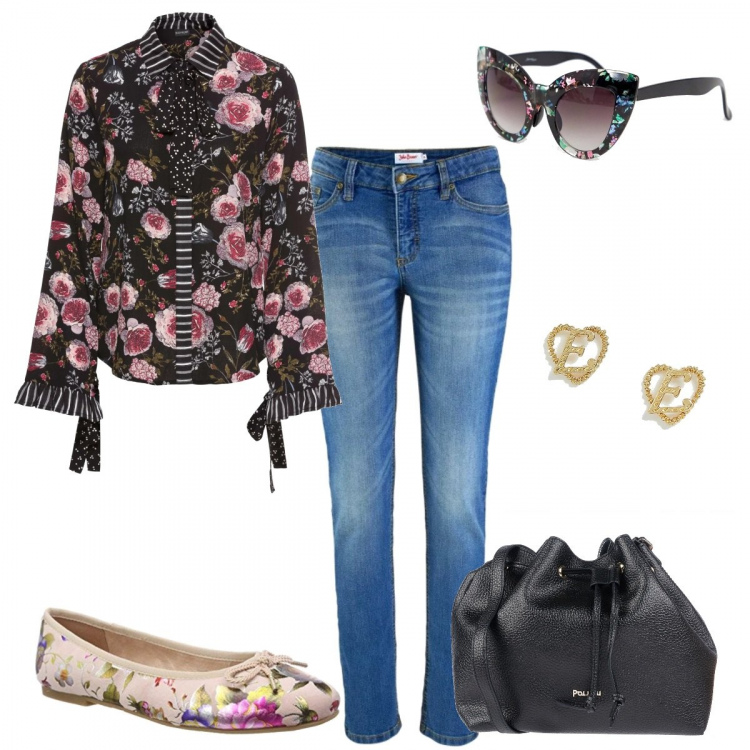 Outfit donna - Gucci low cost. Stile Chic per Ufficio. Abbinamento con jeans skinny, camicetta con fiocco e scollo con laccetti nero, borsa a tracolla secchiello taglia media con coulisse interno sfoderato in pelle sintetica tinta unita, occhiali da sole a gatto taglio dritto fantasia floreale stanghette sottili protezione dai raggi, orecchini farfalla oro, ballerine rosa.