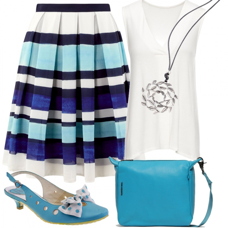 Outfit donna - Come Csaba Dalla Zorza. Stile Chic per Tutti i giorni. Abbinamento con top, collana lunga, sandali, gonna al ginocchio con stampa vita alta con zip e pieghe blu, borsa a tracolla con zip in pelle blu.