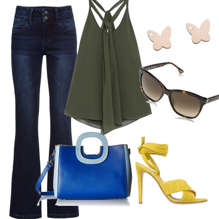 Outfit donna - Trendy #18387. Stile Trendy Abbinamento con jeans bootcut, top, sandali col tacco, borsa a mano, occhiali da sole e montature per occhiali da vista taglia unica marrone, orecchini farfalla.