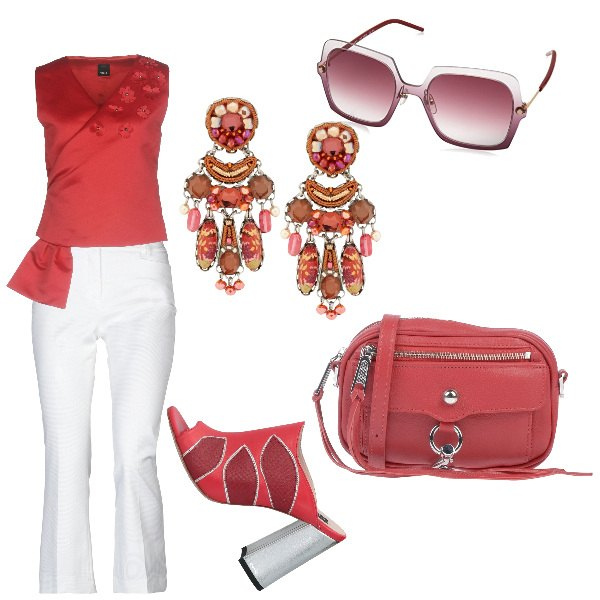Outfit donna - Aperitivo dopo il lavoro. Stile Bon Ton per Ufficio. Abbinamento con pantaloni, top, sandali col tacco, borsa a tracolla mini in pelle martellata con zip interno foderato tinta unita, orecchini, occhiali da sole rosso.