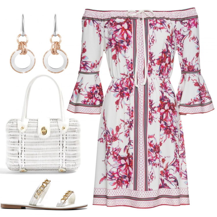 Outfit donna - Scopri le spalle. Stile Trendy per Serata fuori. Abbinamento con costumi interi, gonne, borsa a mano taglia media a scatto interno foderato in paglia tinta unita, orecchini.