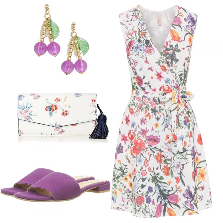 Outfit donna - Passeggiate estive a colori. Stile Basic per Tutti i giorni. Abbinamento con vestito con cintura bianco, sandali, pochette, orecchini con perline oro.