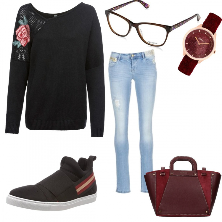 Outfit donna - Bordeaux tempo libero. per Tutti i giorni. Abbinamento con costumi interi, borsa a mano con borchie e logo frontale marrone, jeans in denim blu, scarpa sportiva, montatura occhiali unisex-adulto marrone, orologio in velluto.