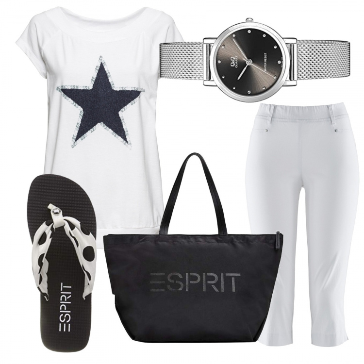 Outfit donna - Pratica per tutti i giorni. Stile Basic per Tutti i giorni. Abbinamento con pantaloni, maglia taglio dritto con scollo bianco, borse a spalla, orologi analogici, ciabatte.