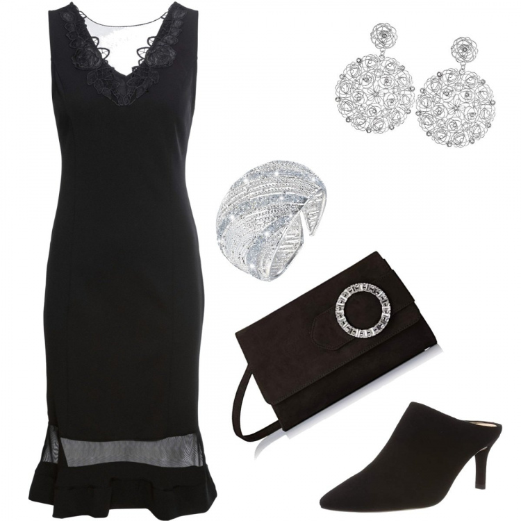 Outfit donna - D&G per tutte. Stile Chic per Cerimonia. Abbinamento con vestiti, anello glitter in ottone rodiato, zoccoli nero, orecchini in argento 925, pochette nero.