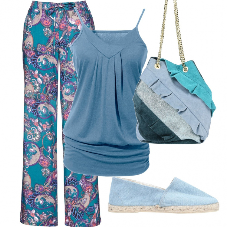 Outfit donna - Basic #11600. Stile Basic per Tutti i giorni. Abbinamento con top, pantalone fantasia, espadrillas con punta tonda pianta larga in denim tinta unita, borsa a spalla mini fantasia multicolore effetto scamosciato doppio manico interno foderato.