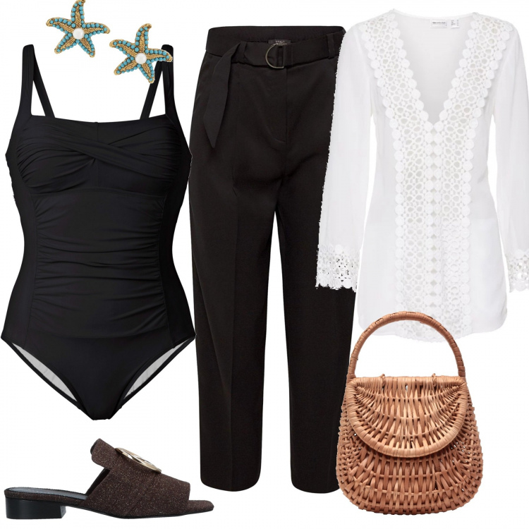 Outfit donna - Trendy #18500. Stile Trendy per Mare. Abbinamento con costumi interi, tuniche, borsa a mano con manico taglia media interno sfoderato tinta unita, orecchini con perline e farfallina oro e argento, sandali fantasia multicolore effetto laminato con tacco squadrato interno in pelle con punta quadrata, pantaloni.