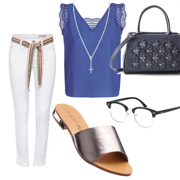 Outfit donna - Ciabatte.... In ufficio. Stile Bon Ton per Ufficio. Abbinamento con ciabatte grigio, camicie, ciondoli, jeans slim fit, occhiali da sole e montature per occhiali da vista stanghette sottili nero, borsa a cartella blu.