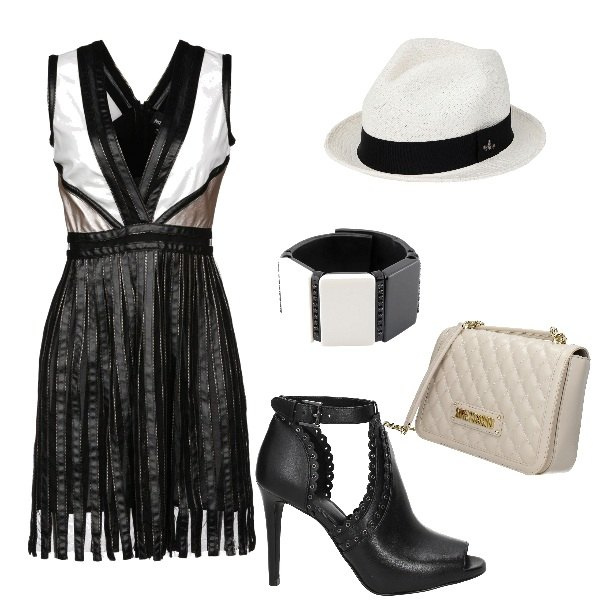 Outfit donna - Trendy #18509. Stile Trendy per Serata fuori. Abbinamento con vestito corto a trapezio fantasia scollatura profonda con zip in pelle sintetica, cappello contrasto in paglia tinta unita, bracciale con strass, sandali, borse a spalla.