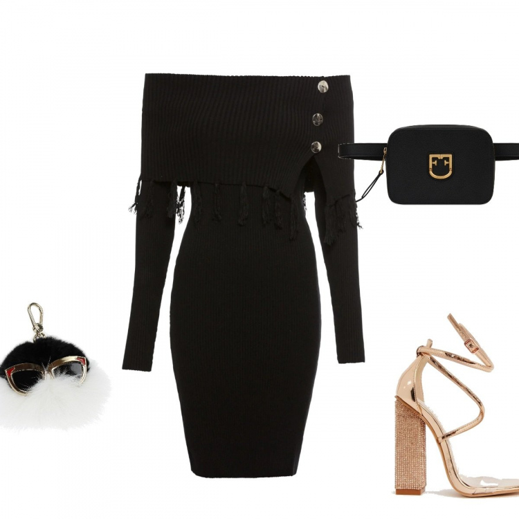 Outfit donna - Mix di stagione. Stile Sexy per Serata fuori. Abbinamento con vestito, portachiavi, marsupio, sandali con strass e tacco largo collo aperto.