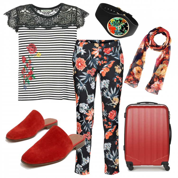 Outfit donna - Valigia pronta x l\'Olanda. Stile Trendy per Tutti i giorni. Abbinamento con pantaloni, sciarpa fantasia floreale in seta crêpe, t-shirt nero, borsa, sabot collo aperto, orologi.