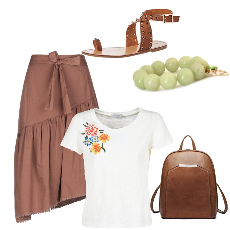 Outfit donna - Etnico #2070. Stile Etnico per Tutti i giorni. Abbinamento con gonna longuette a trapezio con fusciacca interno sfoderato in cotone senza tasche tinta unita, camicia, bracciale verde, sandali con cinturino marrone, zaino marrone.
