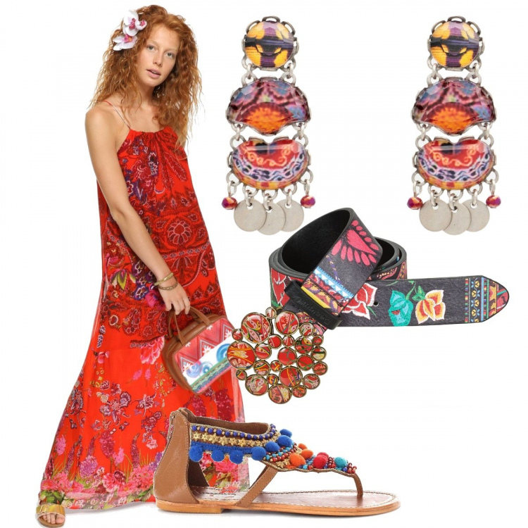 Outfit donna - Figlia dei fiori. Stile Etnico per Tutti i giorni. Abbinamento con orecchini con perline e farfallina in ottone, cintura nero, sandali marrone, vestito lungo con volant e ricamo con scollo interno foderato in viscosa rosso e multicolore.