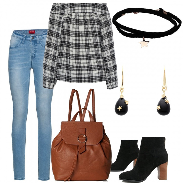 Outfit donna - In un pub a Galway. Stile Trendy per Tutti i giorni. Abbinamento con bluse, orecchini con strass oro e argento, collana girocollo con gancio maglia, jeans skinny blu, stivaletti, zaino.