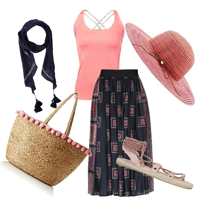 Outfit donna - Gipsy Style: trionfo di rosa. Stile Etnico per Tutti i giorni. Abbinamento con gonna longuette a ruota fantasia floreale interno sfoderato in viscosa, infradito con borchie e laccetti, top rosa, borsa a spalla in paglia beige, cappelli, scialli.