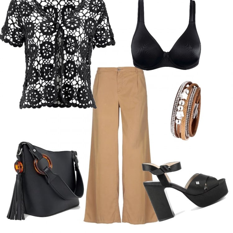 Outfit donna - Sahara. Stile Trendy per Tutti i giorni. Abbinamento con pantalone wide leg vita alta con zip twill, reggiseni, bolero, bracciale con perle marrone, sandali nero, pantalone corto maxi con stampa e anello con nappine.