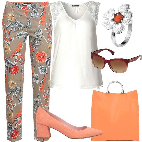 Outfit donna - Pantaloni lunghi estivi. Stile Trendy per Ufficio. Abbinamento con pantaloni, borsa a mano maxi con zip interno foderato tinta unita, ballerine e scarpe flat, canottiere, anello in argento 925, occhiali da sole.