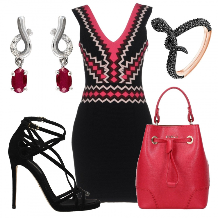 Outfit donna - La donna mediterranea. Stile Trendy per Serata fuori. Abbinamento con vestito corto a tubino fantasia geometrica lavorato a maglia senza maniche con zip, borsa a mano con logo frontale rosso, sandali, anello in oro rosa nero, orecchini forma ovale in oro bianco rosso.