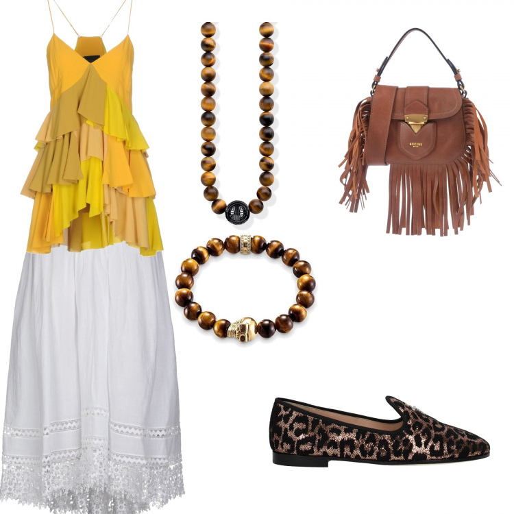 Outfit donna - Fresca estate. Stile Etnico per Tutti i giorni. Abbinamento con gonna lunga a ruota con pizzo interno sfoderato tinta unita, top con balze fantasia multicolore effetto acetato scollatura profonda senza maniche in seta crêpe, borsa a mano mini con manico e frange interno foderato tinta unita, mocassini, ciondoli, bracciale in sterling 925 argento.