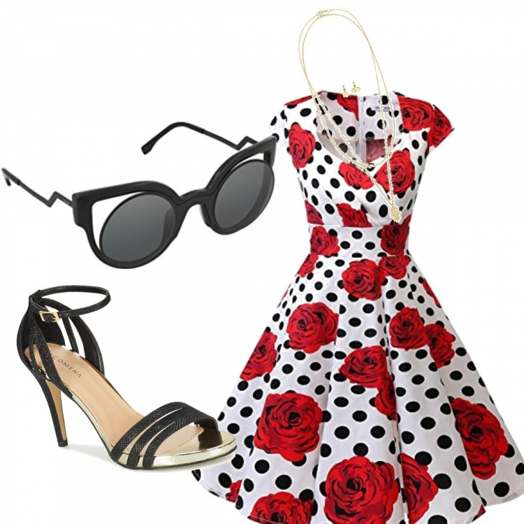 Outfit donna - #DGWomen e #Curvystyle insieme!. Stile Chic per Serata fuori. Abbinamento con sandali, vestiti, collana in argento 925 bianco, occhiali da sole.