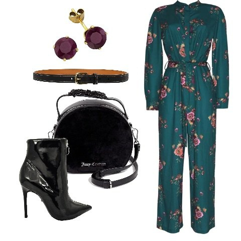 Outfit donna - Jumpsuit a fiori come LV. Stile Trendy per Serata fuori. Abbinamento con salopette senza tasche fantasia floreale collo coreana a maniche lunghe con zip e cintura crêpe, cintura con logo frontale nero, tronchetti nero, borsa a tracolla con fiocco e manico con zip nero, orecchini a perno in oro giallo multicolore.