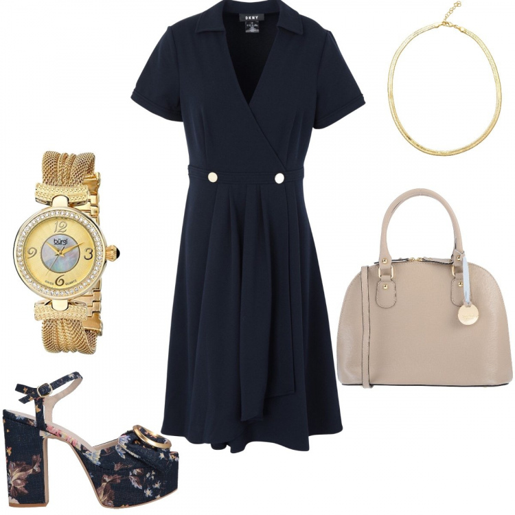 Outfit donna - Inspo Louis Vuitton# Alma’e Plateau. Stile Chic per Tutti i giorni. Abbinamento con vestito collo a v a maniche corte con zip interno sfoderato crêpe, borsa a mano con stampa taglia media con zip interno foderato tinta unita, sandali col tacco, collana in ottone con gancio maglia oro, orologio analogico oro.