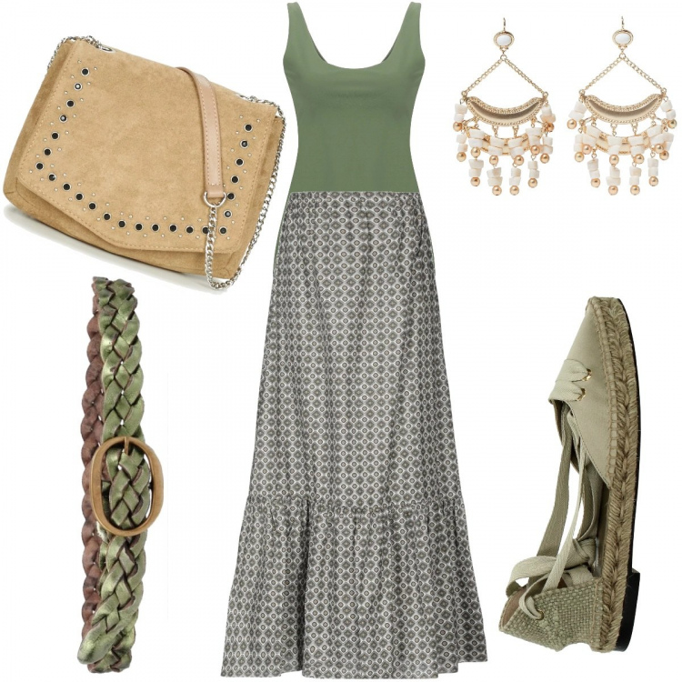 Outfit donna - Gonna gipsy. Stile Trendy per Tutti i giorni. Abbinamento con gonna lunga a ruota con arricciature fantasia geometrica interno sfoderato senza tasche, canottiera senza maniche jersey, cintura delavé con fibbia tinta unita, orecchini, sandali, borsa a tracolla beige.