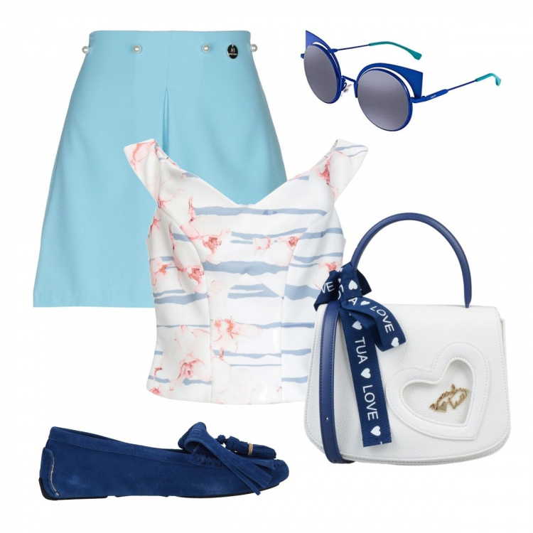 Outfit donna - In barca stile Vuitton. Stile Trendy per Mare. Abbinamento con mocassini effetto scamosciato senza tacco con punta tonda e nappine, borsa a mano mini con manico in pelle martellata interno foderato in pelle sintetica tinta unita, shorts senza tasche con perline vita alta con zip crêpe, top fantasia floreale collo a v con zip jersey, occhiali da sole.