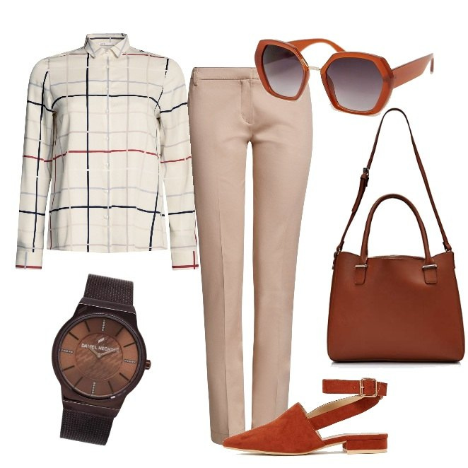Outfit donna - Vuitton economy class. Stile Trendy Abbinamento con camicetta con stampa aderente beige, scarpe collo aperto a punta suola piatta, borsa tote marrone, pantalone aderente beige, occhiali da sole oversize lenti colorate stanghette sottili in denim protezione dai raggi, orologio marrone.