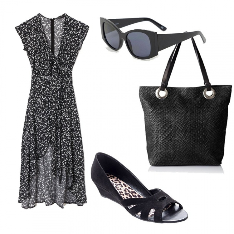 Outfit donna - Abito asimmetrico fluido. Stile Sexy per Tutti i giorni. Abbinamento con décolleté con zeppe e lacci incrociati nero, vestito forma asimmetrica maxi fantasia floreale scollo profondo con spacco nero, borsa a mano nero, occhiali da sole oversize taglio dritto lenti scure stanghette sottili in denim protezione dai raggi.