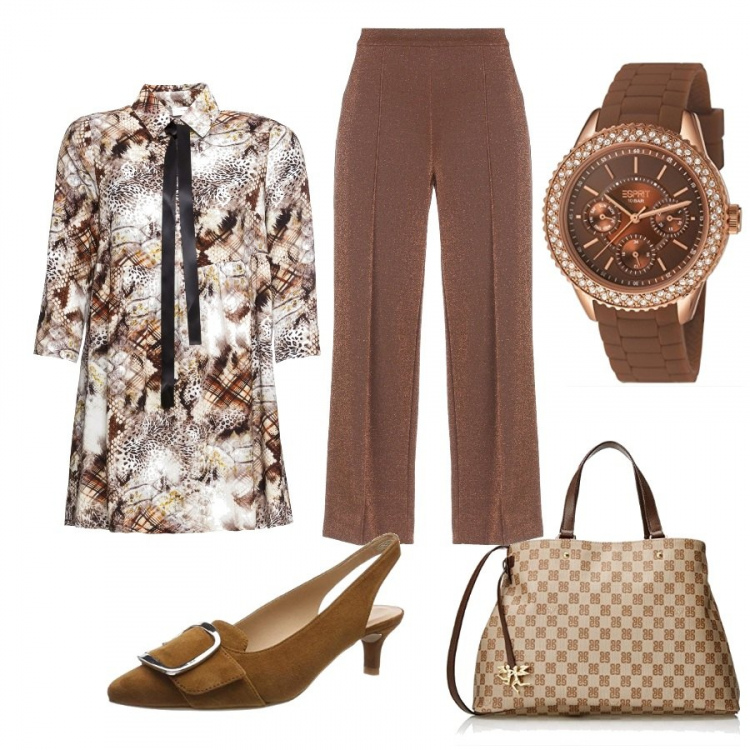 Outfit donna - Louis Vuitton. Stile Trendy per Ufficio. Abbinamento con tunica lunga, pantalone a sigaretta effetto laminato con zip jersey, borse a mano, scarpa col tacco, orologio analogico con cinturino marrone e oro e rosso.