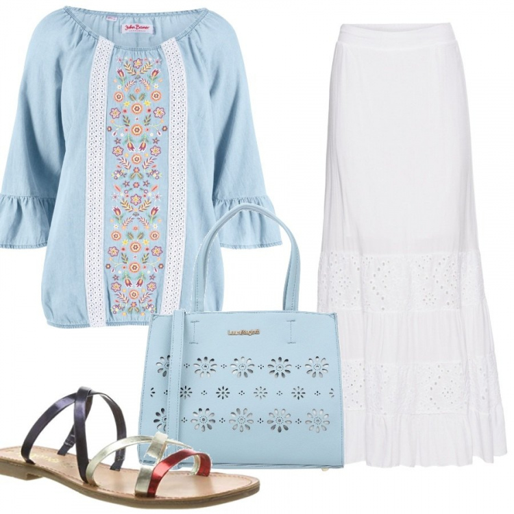 Outfit donna - Etnico #2094. Stile Etnico per Tutti i giorni. Abbinamento con borsa a mano taglia media con zip interno sfoderato in pelle sintetica tinta unita, gonna lunga con pizzo bianco, tunica con ricamo in denim blu, ciabatte.