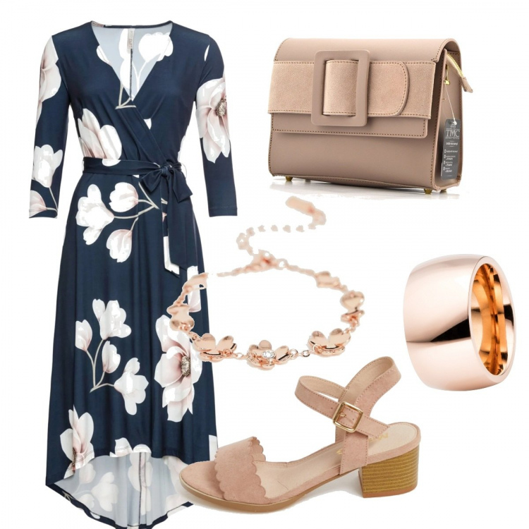 Outfit donna - Fiori di loto. Stile Bon Ton per Cerimonia. Abbinamento con vestiti lunghi, anello, borsetta beige, sandali con tacco largo collo aperto con cinturino, bracciale fantasia floreale in oro rosa con catenina.