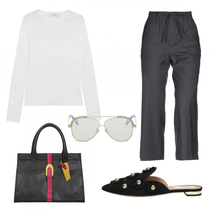 Outfit donna - Chic #10550. Stile Chic per Ufficio. Abbinamento con pantalone a sigaretta a quadri vita alta con coulisse e tasche, t-shirt, borsa a mano nero, ciabatte, occhiali da sole multicolore.