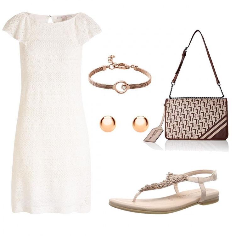 Outfit donna - Bon Ton #9230. Stile Bon Ton per Tutti i giorni. look ideale per Petite. Abbinamento con vestito bianco, borsa a tracolla, sandali con cinturino rosa, braccialetti, orecchini in oro rosa 9ct.