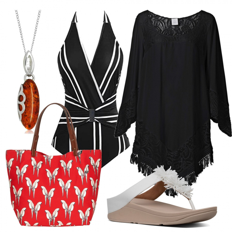 Outfit donna - Terme di Ischia. Stile Trendy per Mare. Abbinamento con vestiti da spiaggia, shopping bag petite rosso, costumi interi, infradito con punta tonda bianco, collana forma ovale in sterling 925 argento.