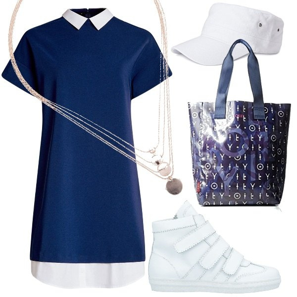Outfit donna - Borsa alla L. Vuitton. Stile Urban per Tutti i giorni. Abbinamento con collana oro, sneakers tennis con punta tonda tinta unita, vestito mini contrasto aderente blu, shopping bag, cappelli con visiera.