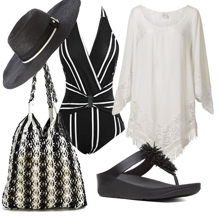 Outfit donna - In vacanza a Sirmione. Stile Trendy per Mare. Abbinamento con vestiti da spiaggia, costumi interi, infradito con punta tonda nero, shopping bag a righe bianco e nero, cappelli.